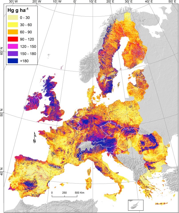 Map of Hg stock (g ha−1) in European topsoils.