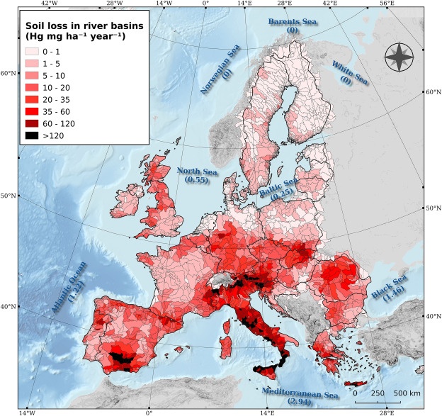 Estimated Hg losses to river basins and Hg fluxes to sea outlets (Mg yr−1) due to water erosion.