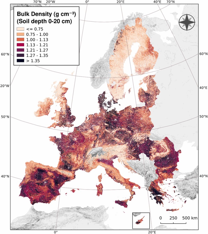 Bulk density map (100 m resolution) in the EU and UK (0–20 cm depth).