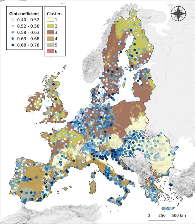 Gini coefficients (G) for the 1181 stations across Europe using all rainfall erosive events included in the REDES database. As a background map, the six K-means clusters as defined by Ballabio et al. (2017) are shown.