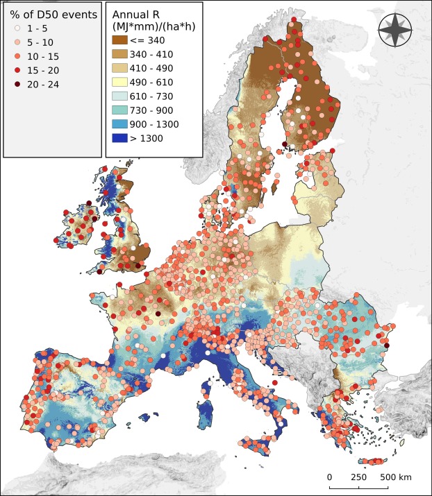 Percentage of rainfall erosive events by number that contribute to the 50% of the total erosivity (D50). Rainfall erosivity map of Europe is shown as background (Panagos et al., 2015a).