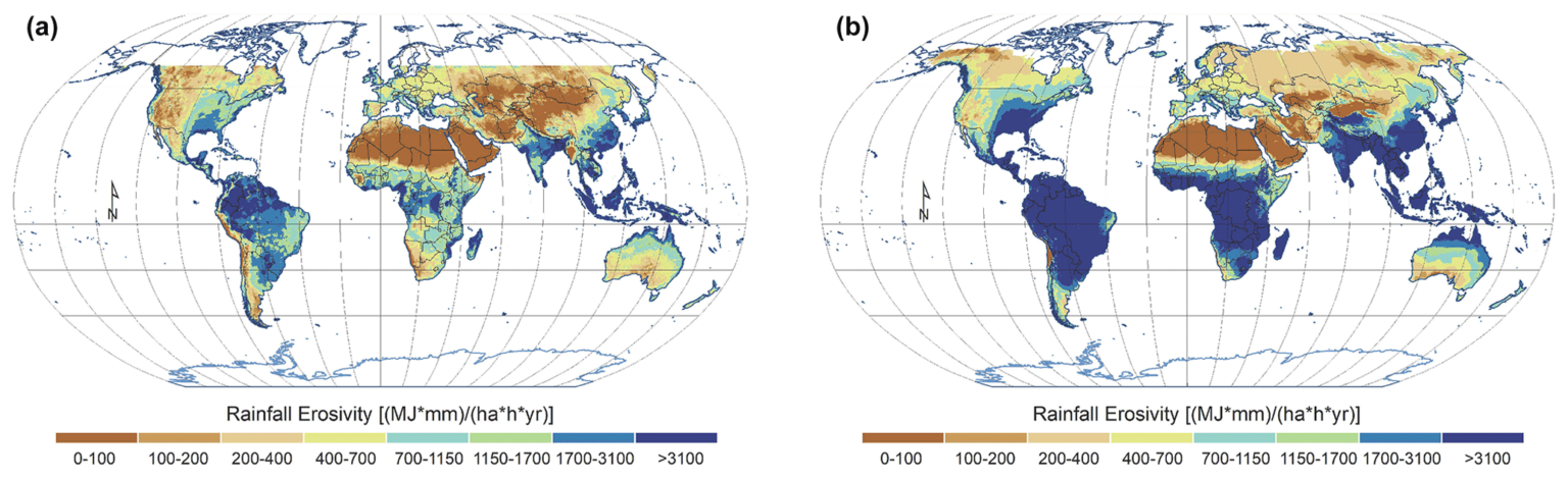 Mean global rainfall erosivity map for the 1998–2019 period based on the CMORPH product (a) and ED concept using ERA5 (b).